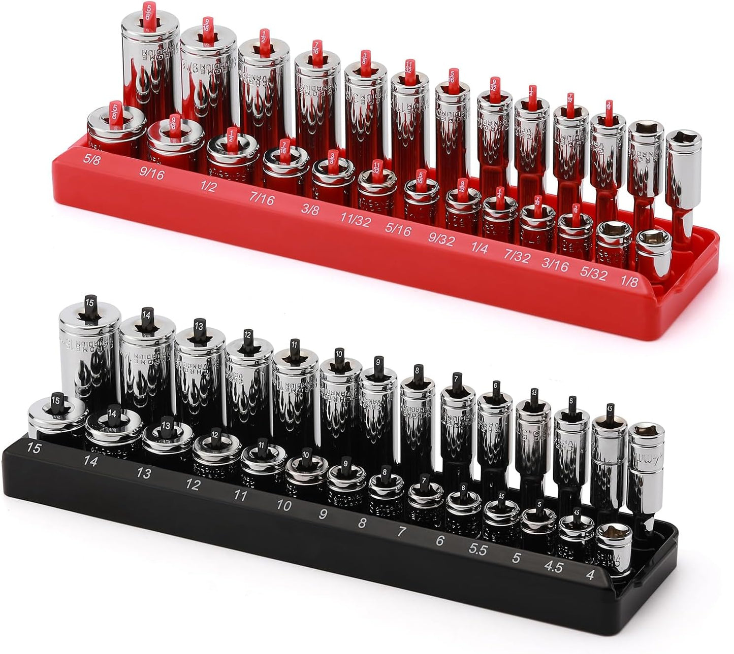 Bandejas enchufes 1/4pulg set 2 piezas SAE y métrico negro rojo