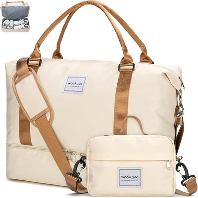 Bolsa viaje mujer con compartimento zapatos y aseo beige/marrón
