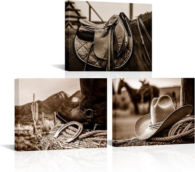 3 Pzas Impresiones Lienzo Vaquero Sepia Rodeo Caballo Silla
