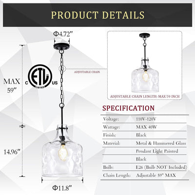 Lámpara colgante vintage 16pulg pantalla cristal martillado