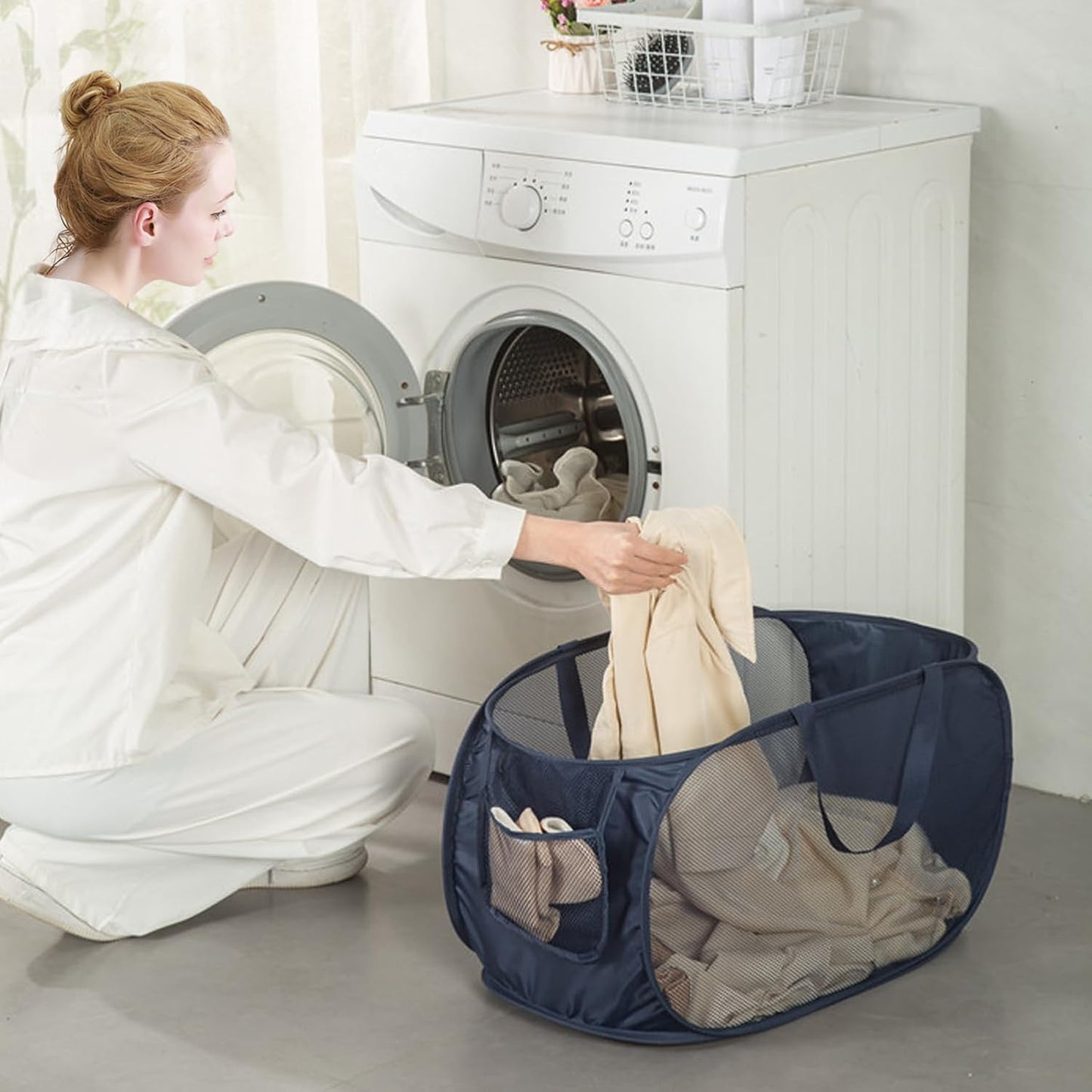 Cesta malla resistente para ropa sucia con bolsillo gris