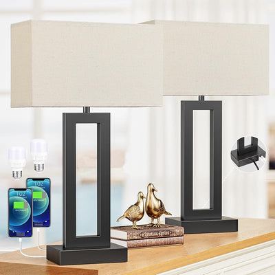 Lámparas mesa noche táctiles 22" USB C A set 2 beige y negro