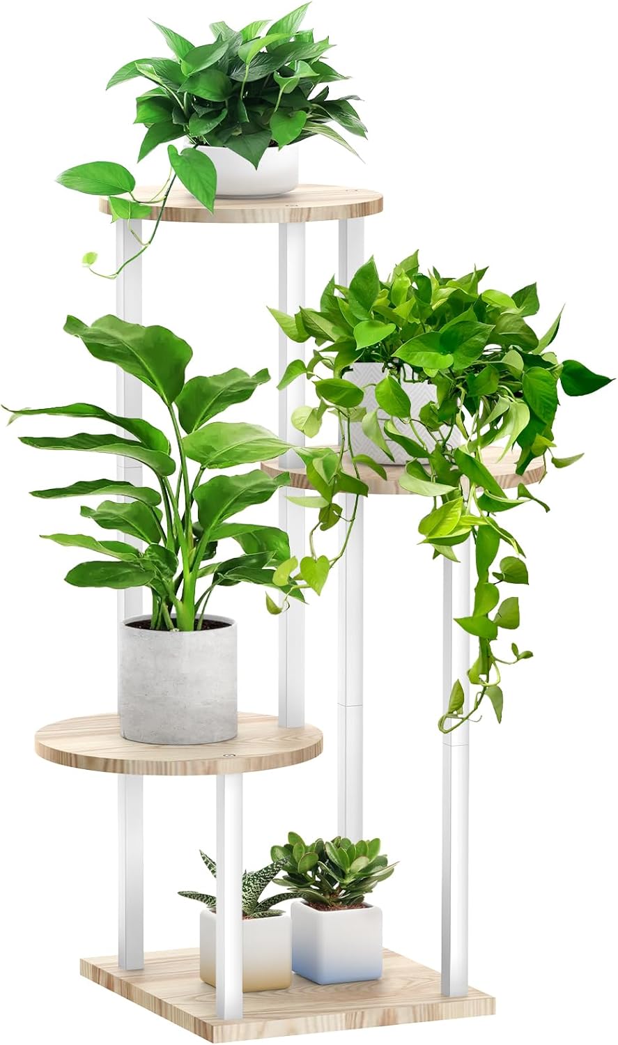 Soporte para plantas 4 niveles metal blanco y madera sala