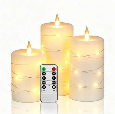3 Velas LED Parpadeantes Cera Marfil Cadena Cobre