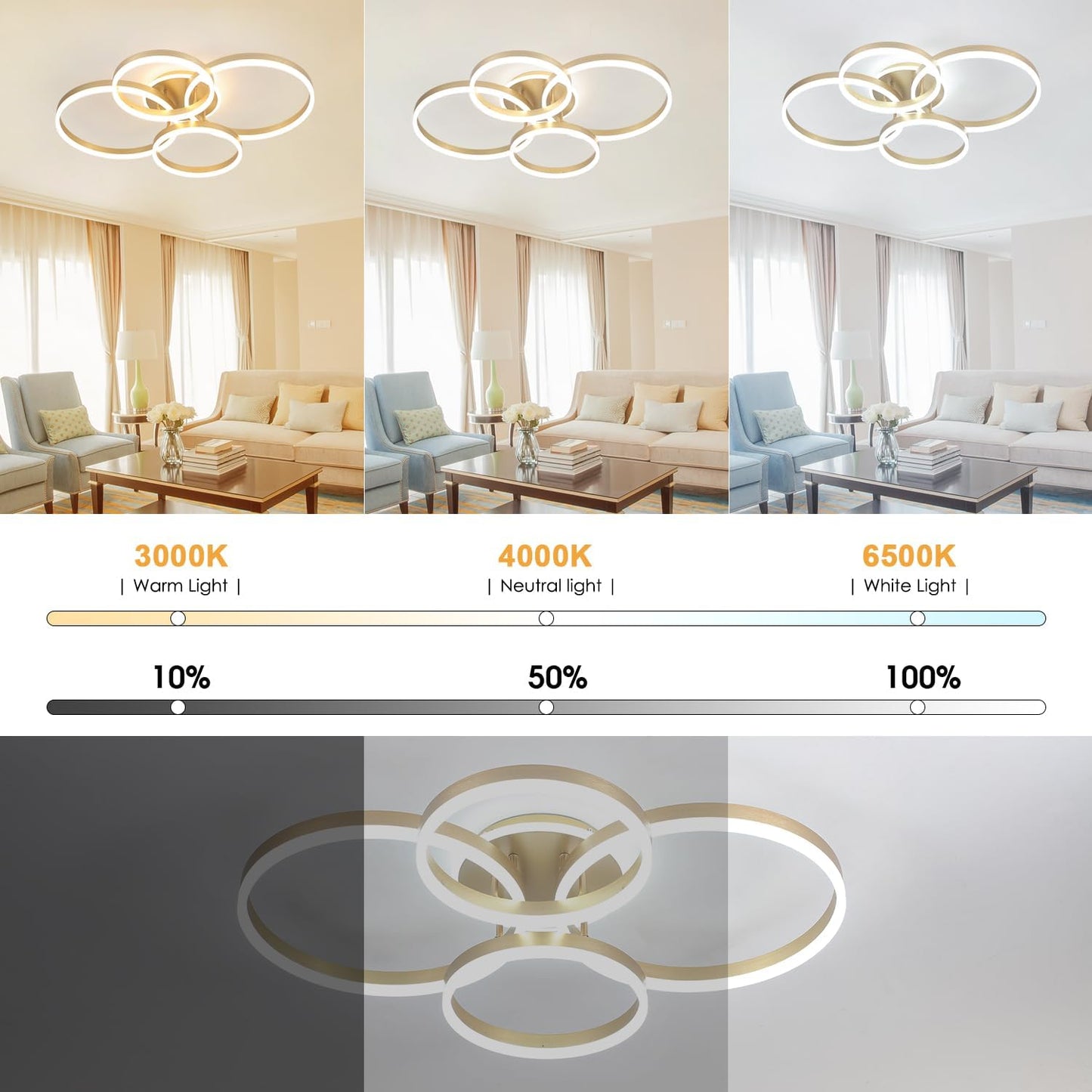 Candelabro LED 4 Anillos 34pulg Oro Cepillado Control Remoto