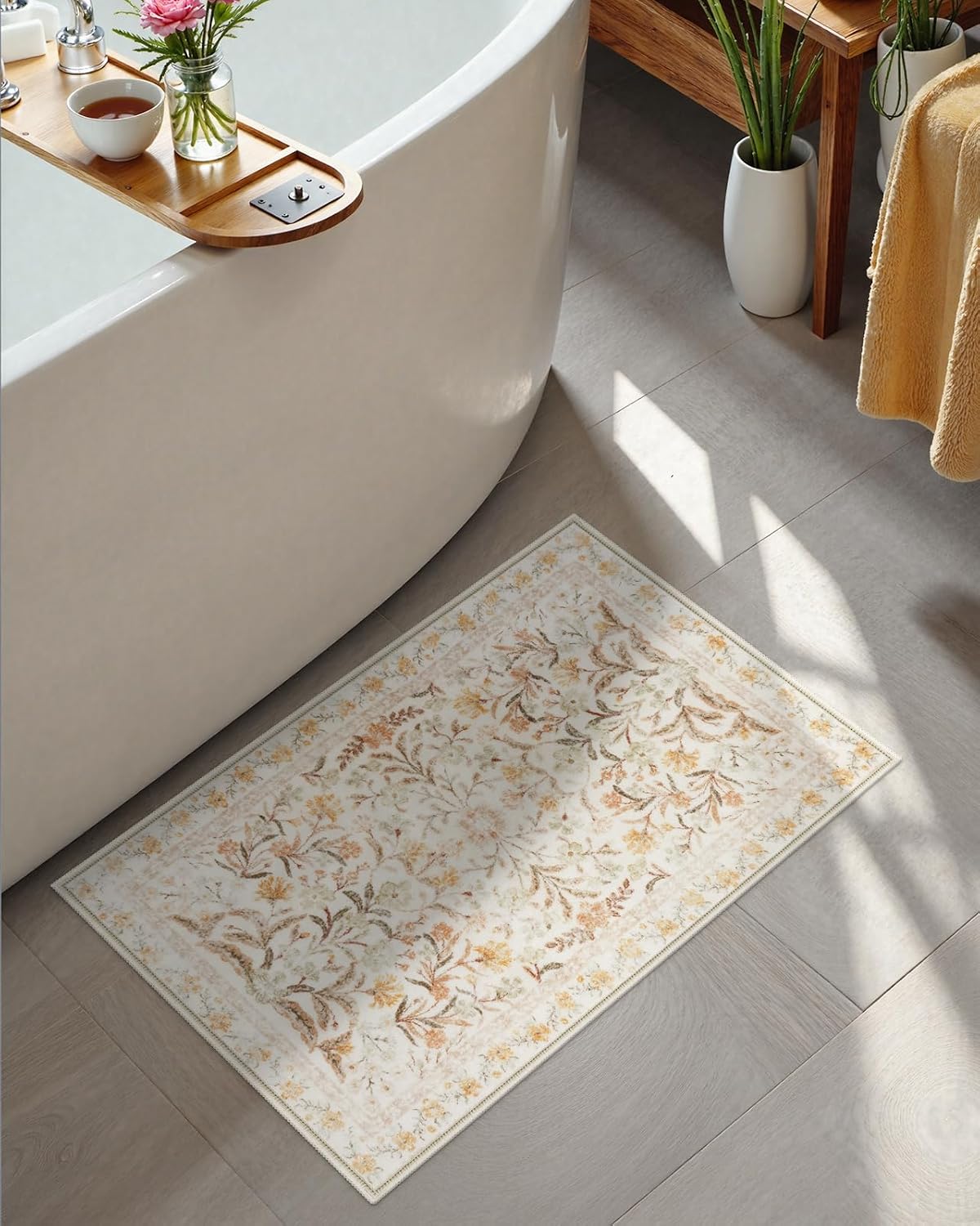 Alfombra baño bohemia antideslizante 16x24pulg floral amarilla