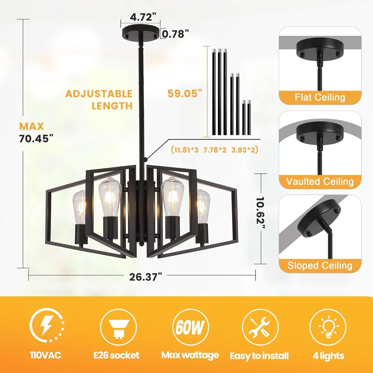 Candelabro negro 4 luces estilo granja para comedor isla