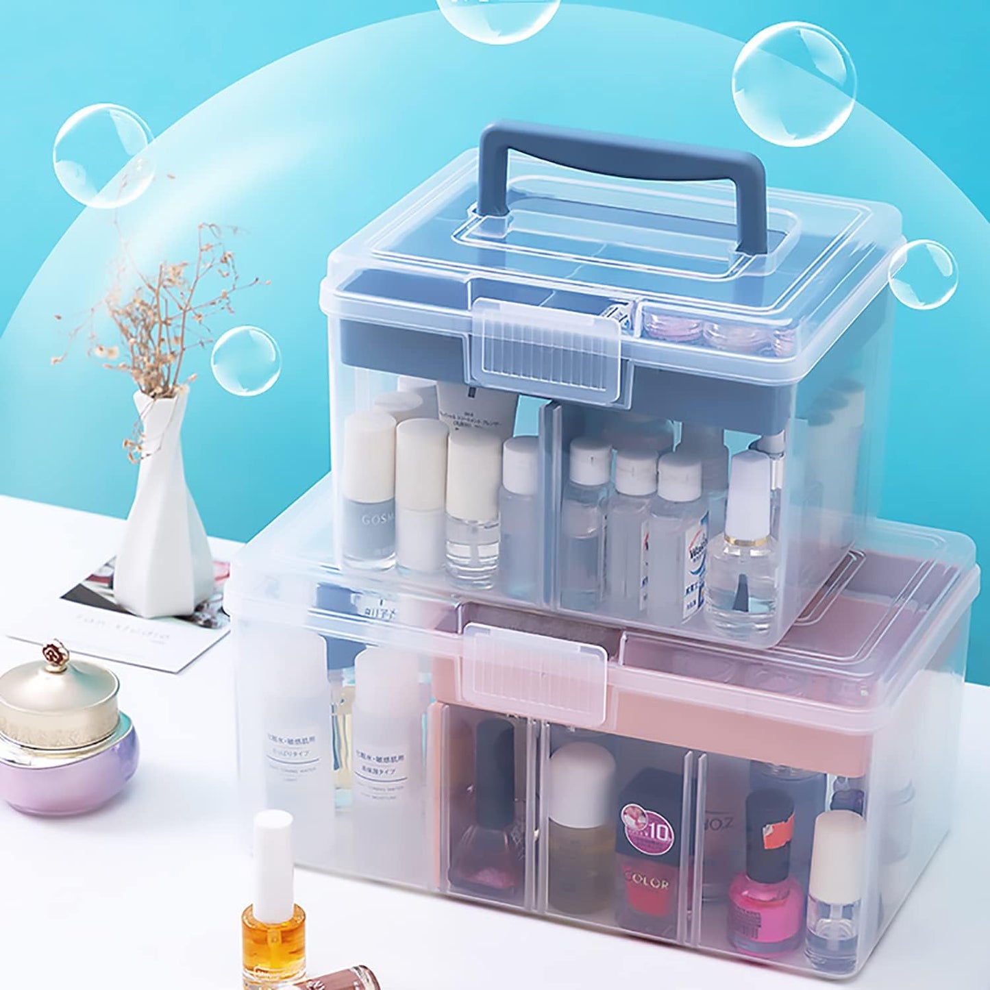 Caja plástico transparente con asa y bandeja para niños