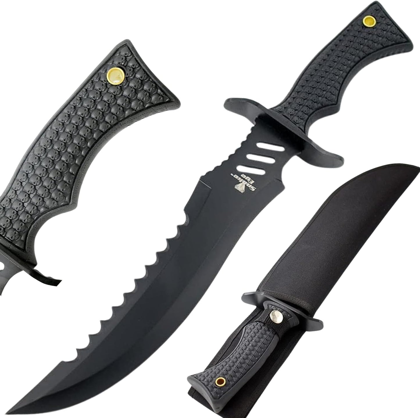 Cuchillo supervivencia estilo Rambo con funda nylon negro