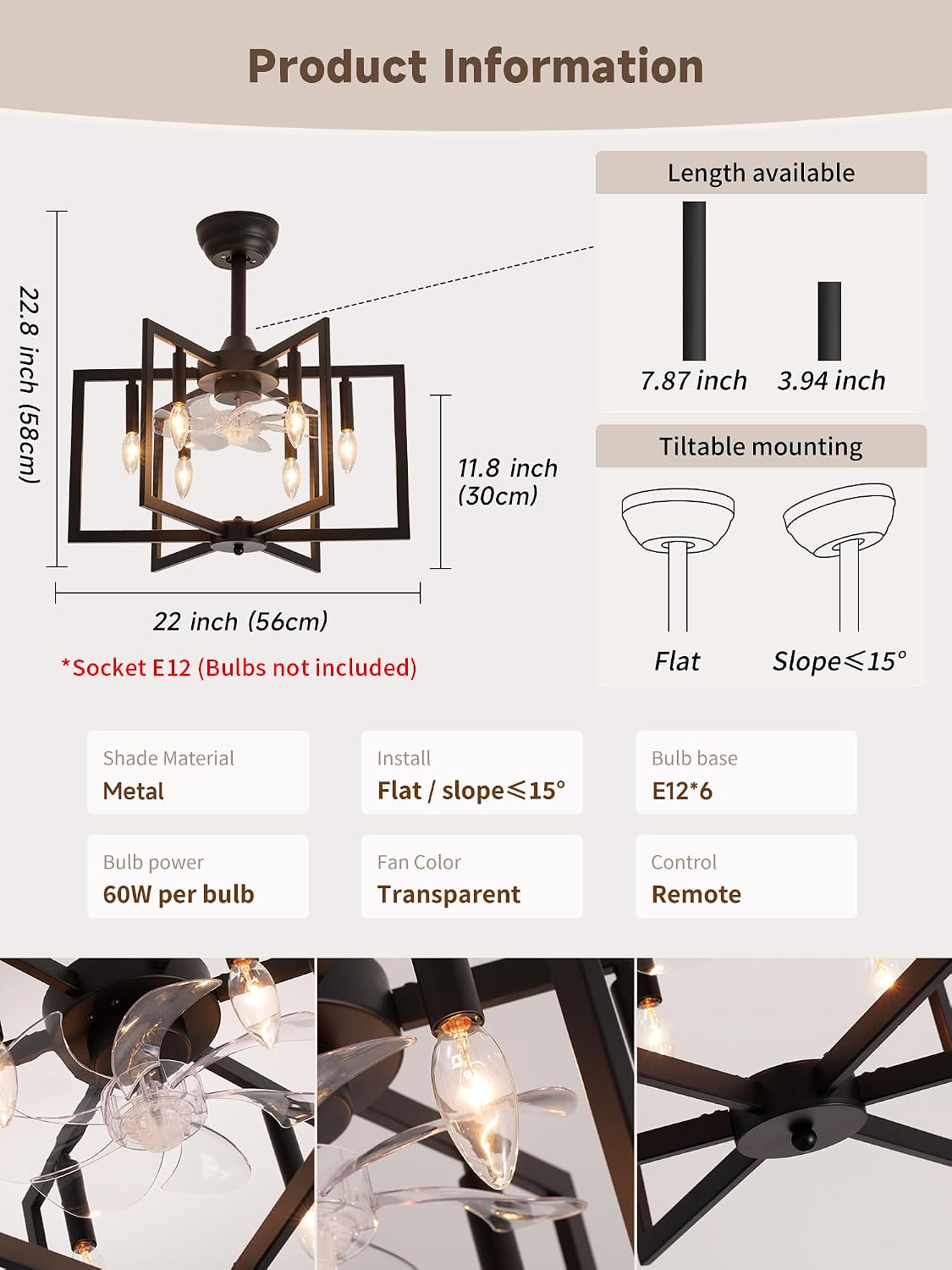 Ventilador techo estilo granja rústico con luz y control