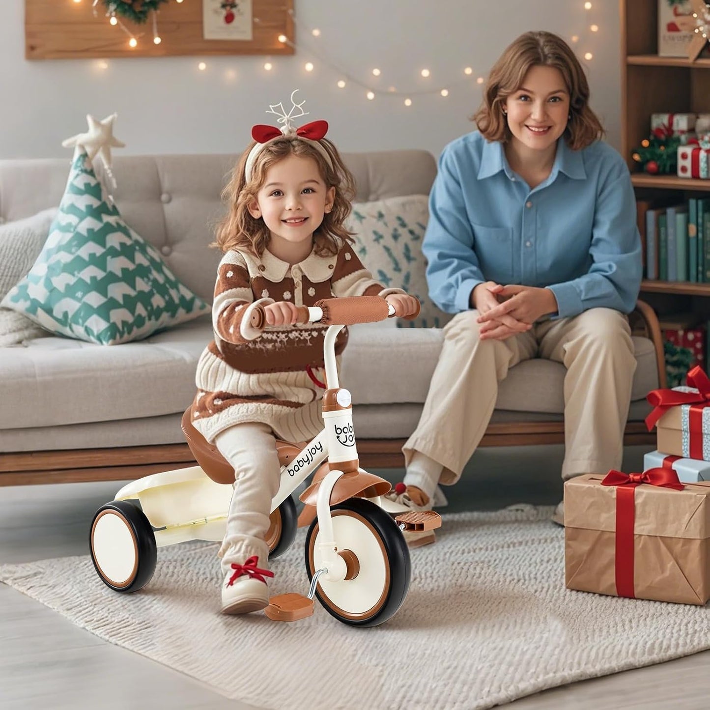 Triciclo niños 3-5 años asiento ajustable cesta beige