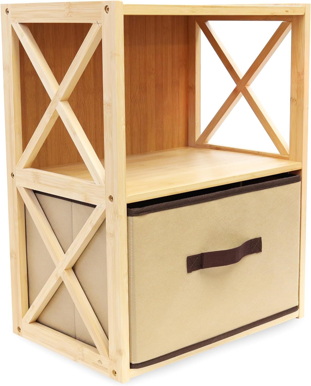 Estante bambú 2 niveles cajón tela beige 11.5x16.5x21.5"