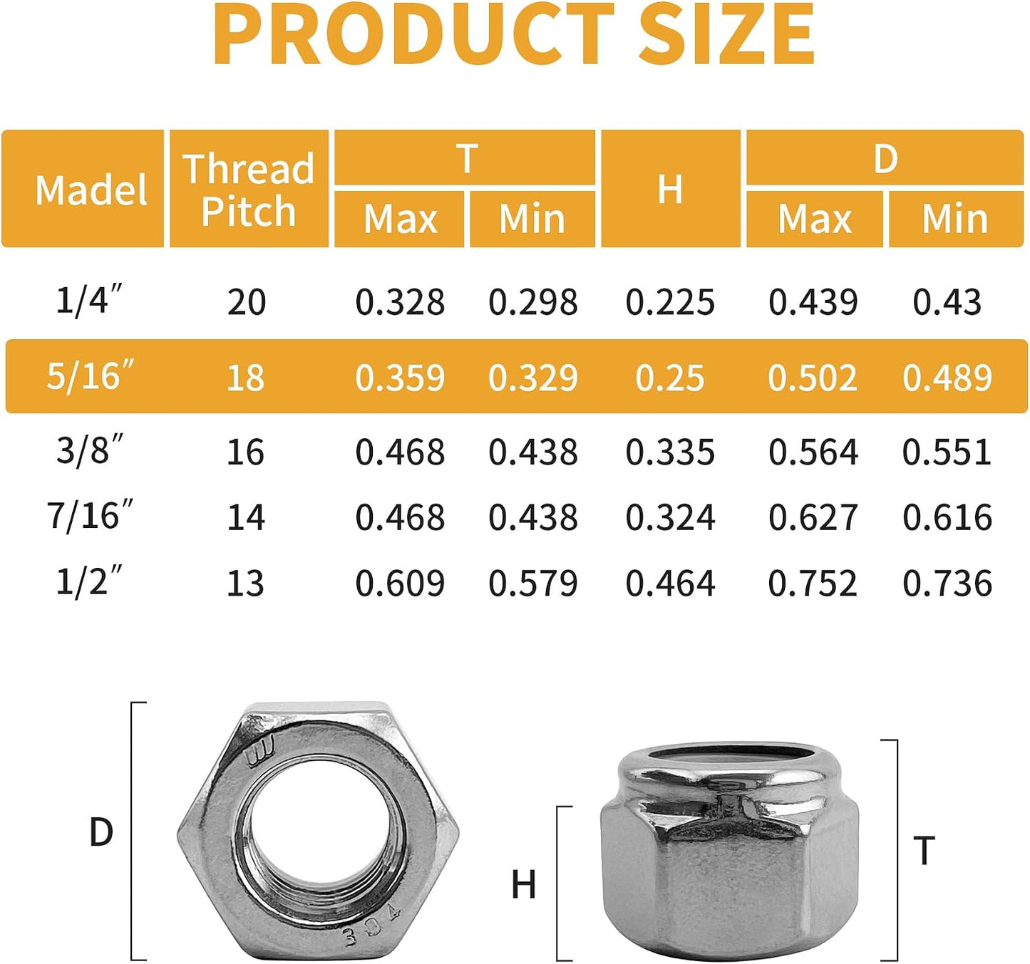 70 Tuercas Nylock Acero Inox 304 5/16-18 para Automóviles