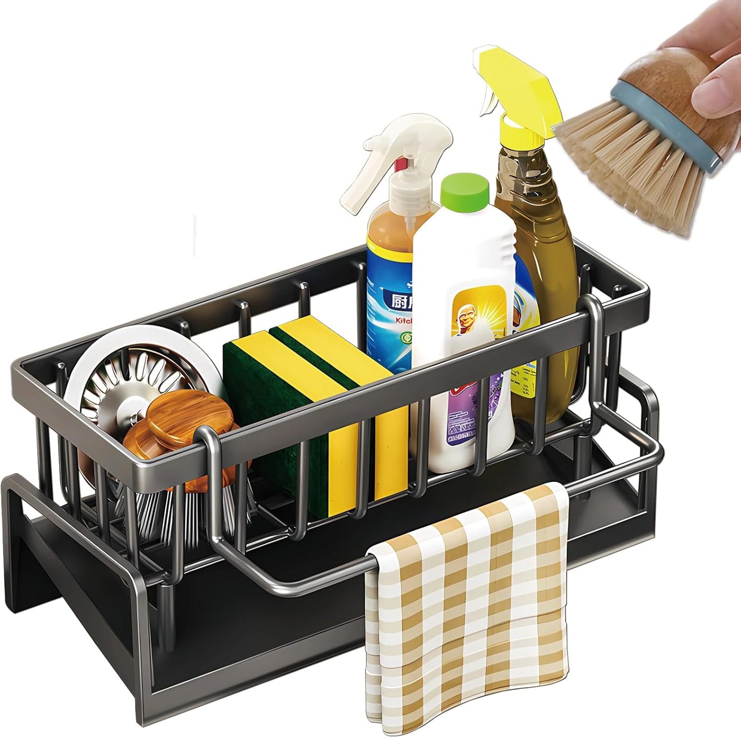 Organiz. fregadero acero inox con soporte esponja y cepillo gris