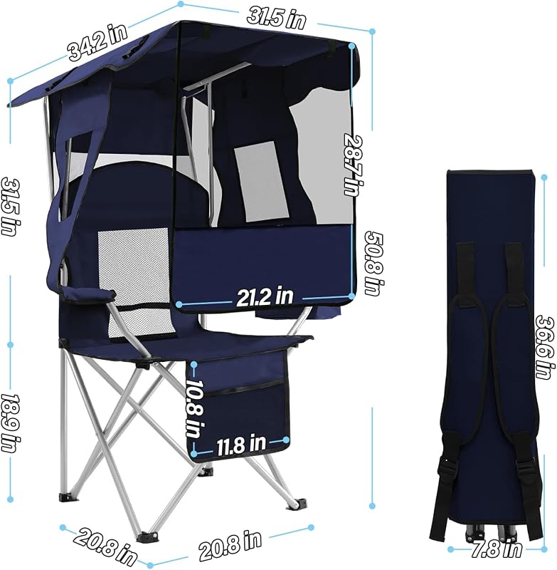 Silla plegable camping con toldo y portavasos azul marino