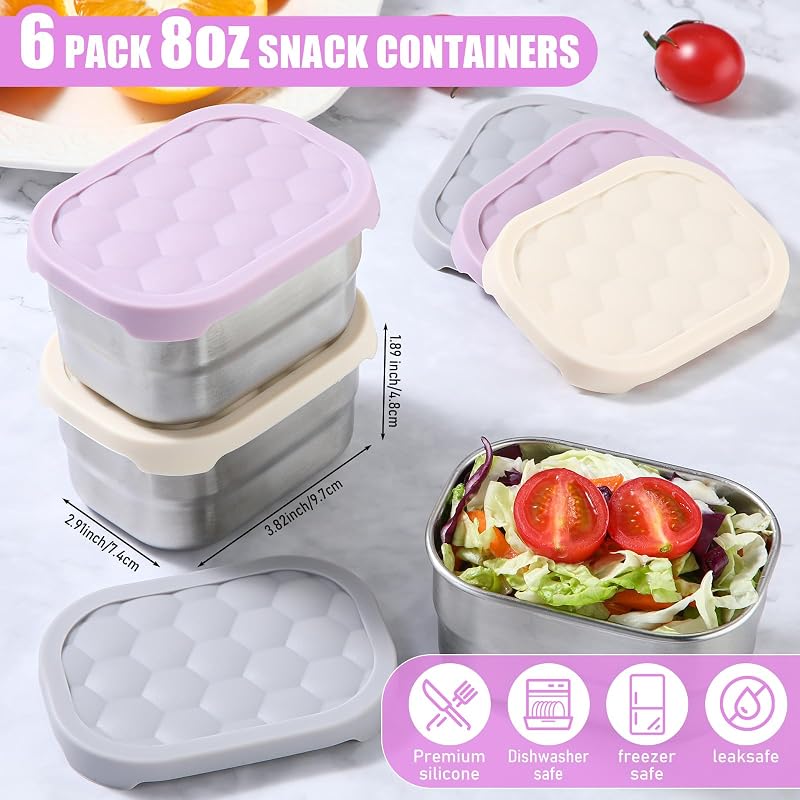 6 Recipientes Acero Inox 8oz con Tapas Silicona para Niños