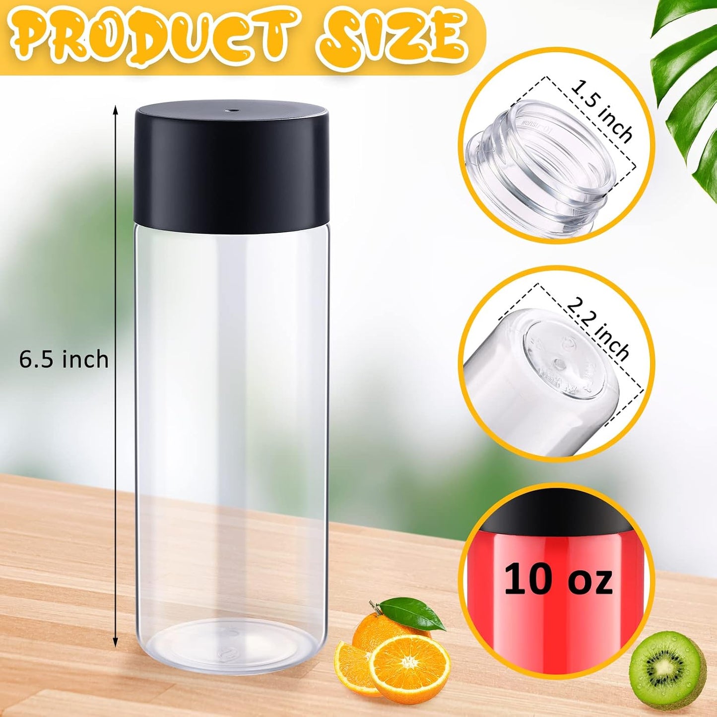 50 Botellas Plástico 10oz con Tapas Negras Jugos