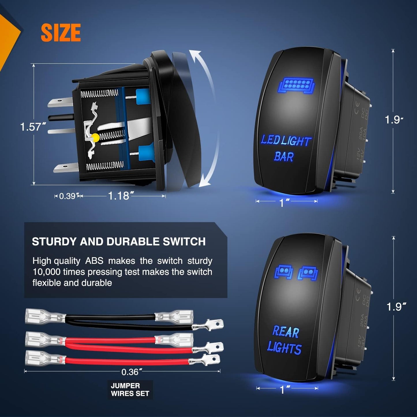 2 Pack interruptores basculantes LED 12V 24V azul con cables