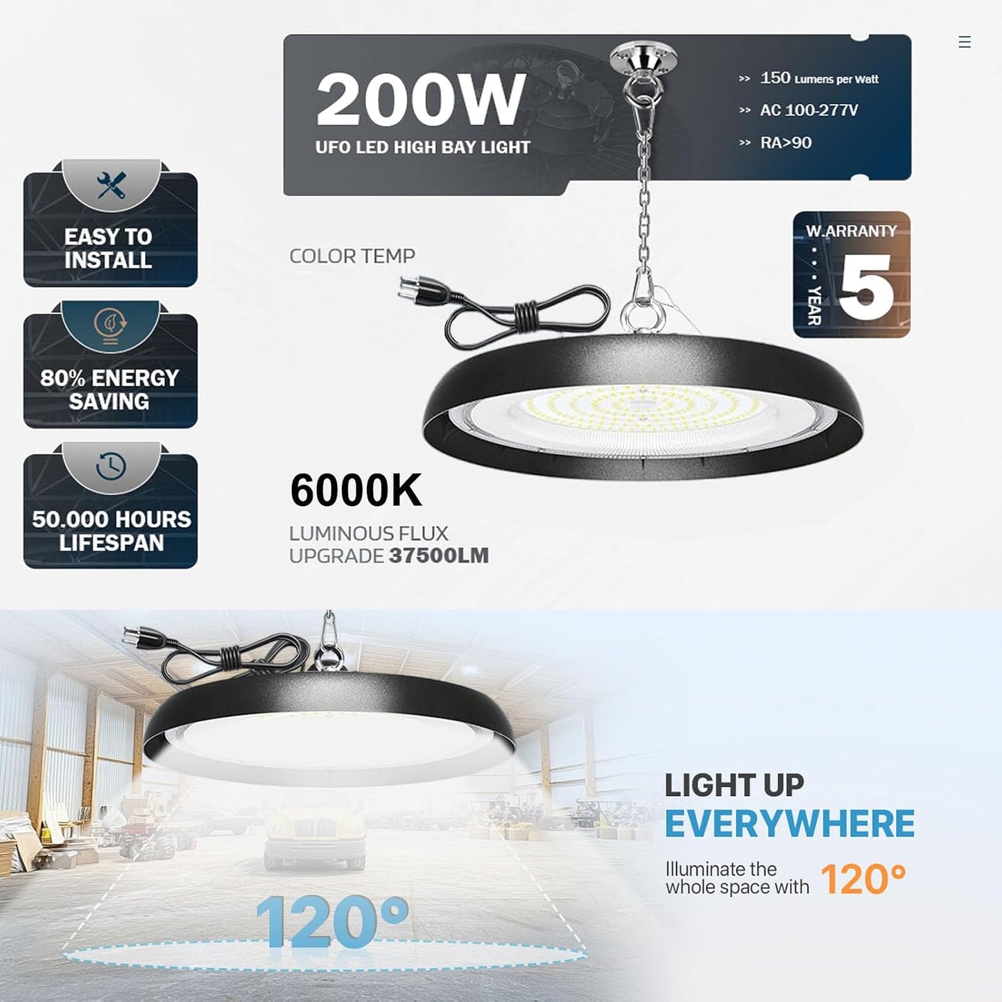 8 Luces LED UFO 200W 6000K para Garaje y Fábrica