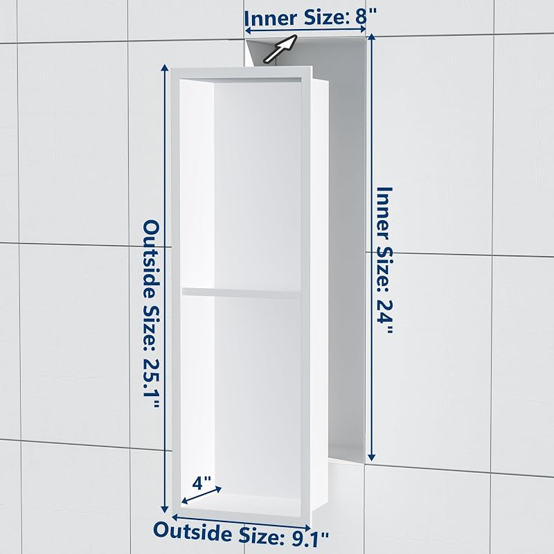 Nicho ducha acero inox 8x24" estantes dobles blanco mate