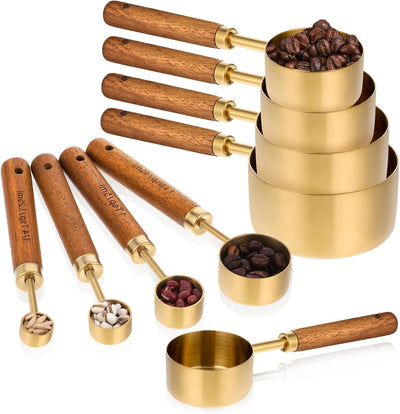 Set 8 Tazas y Cucharas Medidoras Acero Inox Dorado Madera