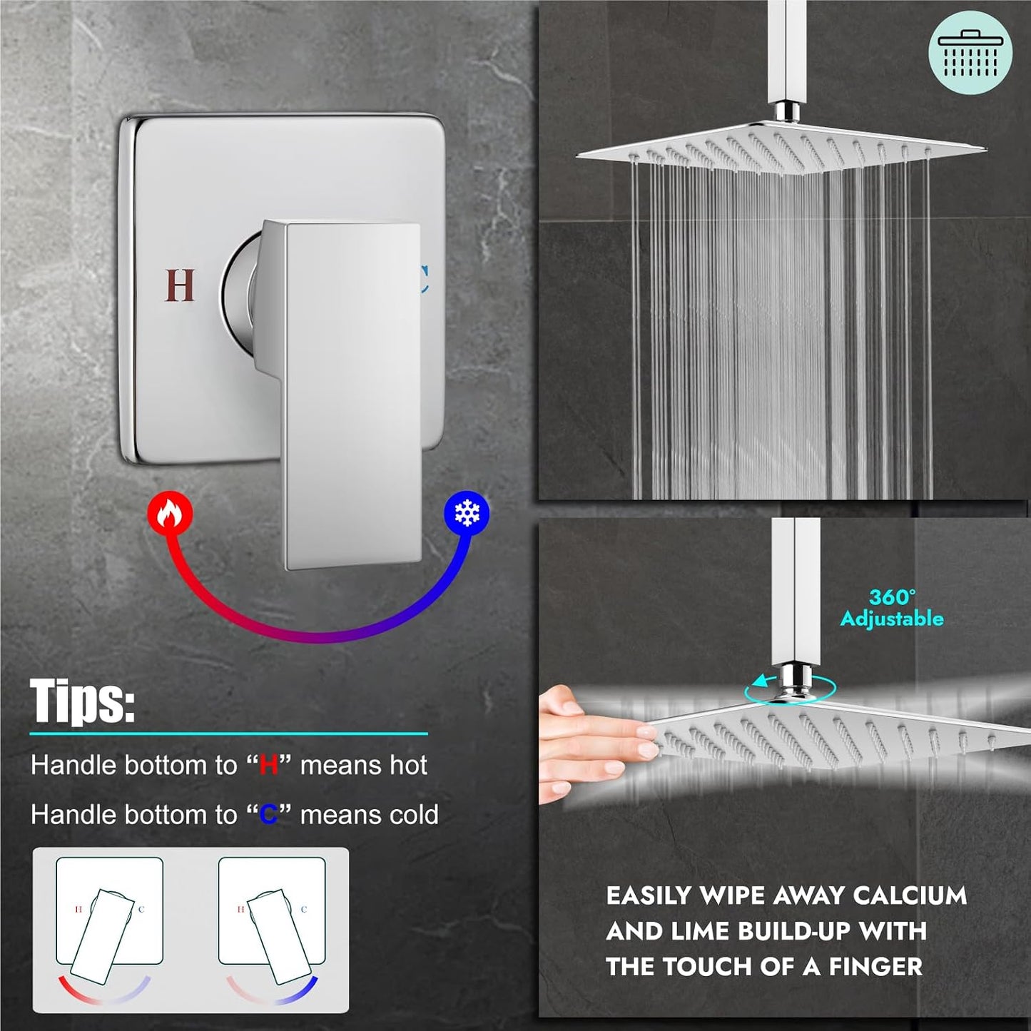 Grifo ducha cuadrado acero inox con manija y válvula