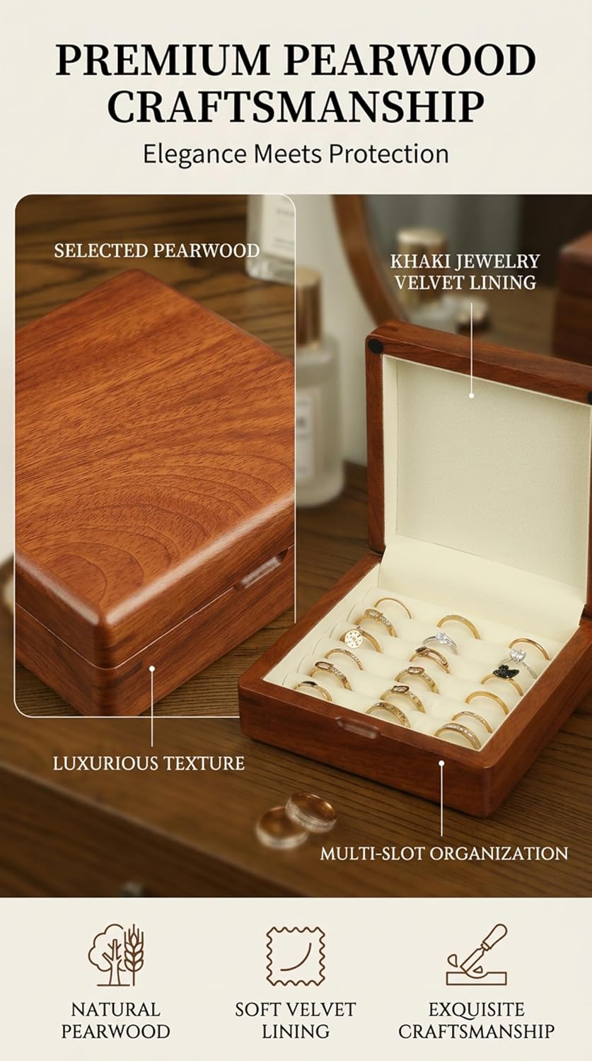 Estuche madera nogal para anillos y aretes viaje vintage