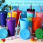 24 Vasos Plástico con Tapas y Popote Reutilizables Coloridos