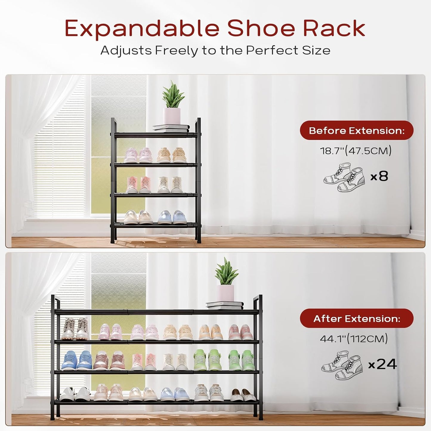 Estante organiz. zapatos 4 niveles ajustable 46-112cm metal
