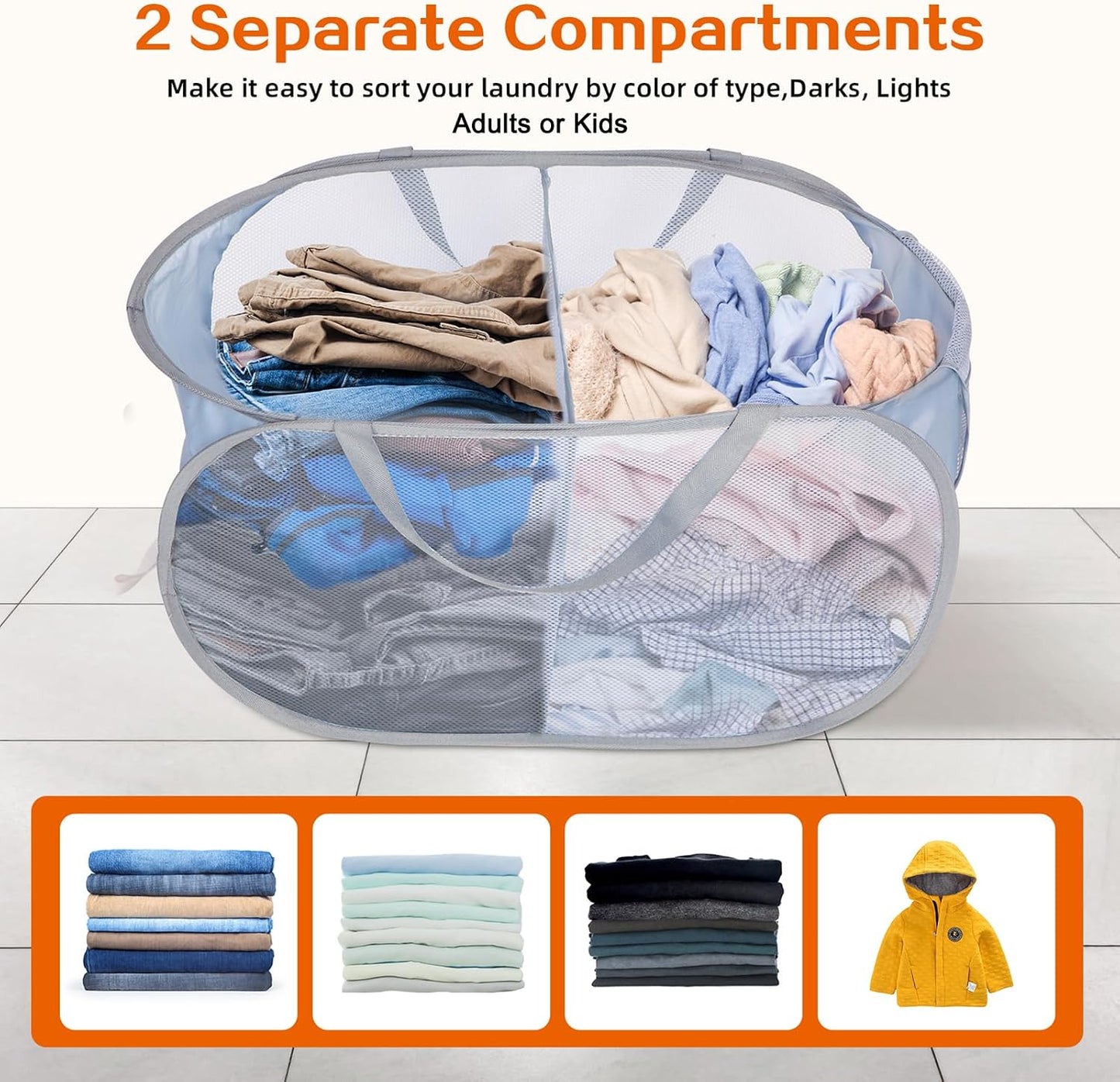 Cesta plegable lavandería 2 compartimentos bolsillo práctico