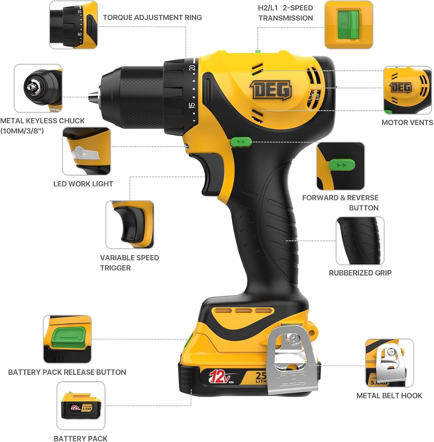 Kit taladro inalámbrico 12V 201 par 2 vel 3/8pulg