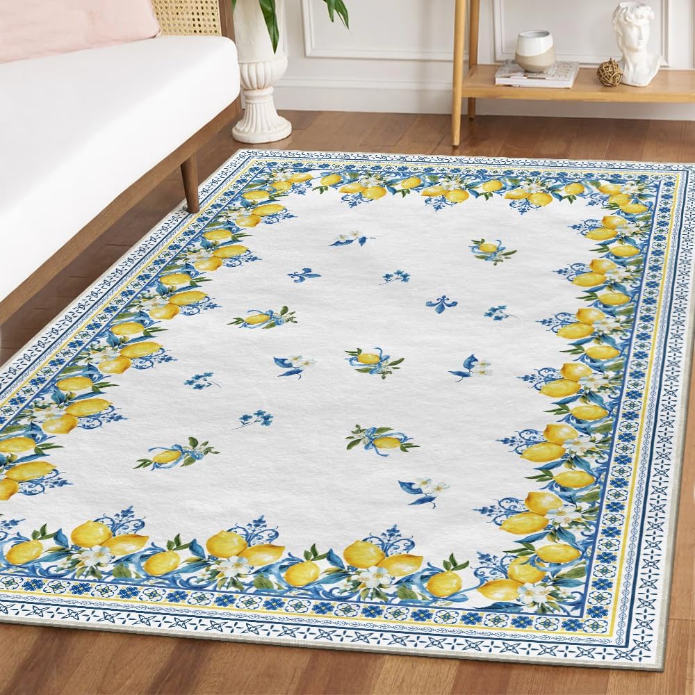 Alfombra verano iris limón azul lavable para dormitorio sala