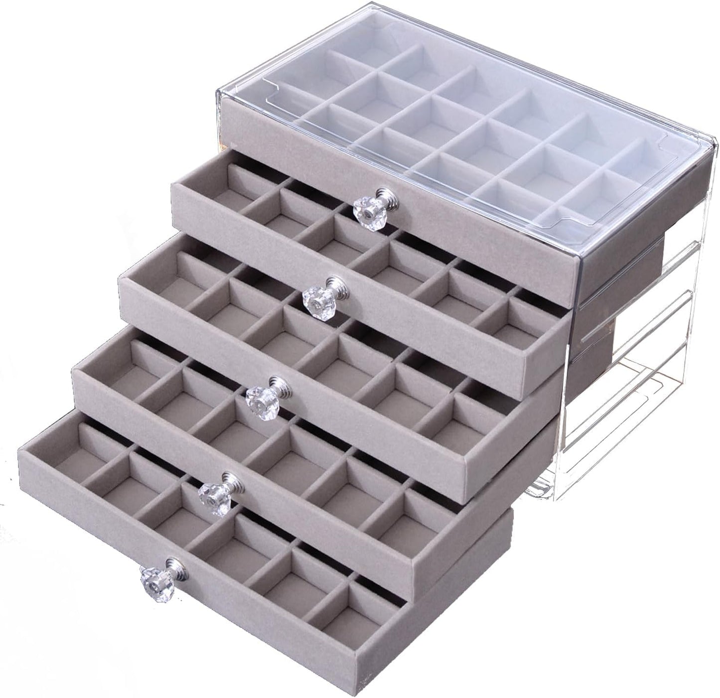 Caja organizadora joyas terciopelo gris 5 cajones