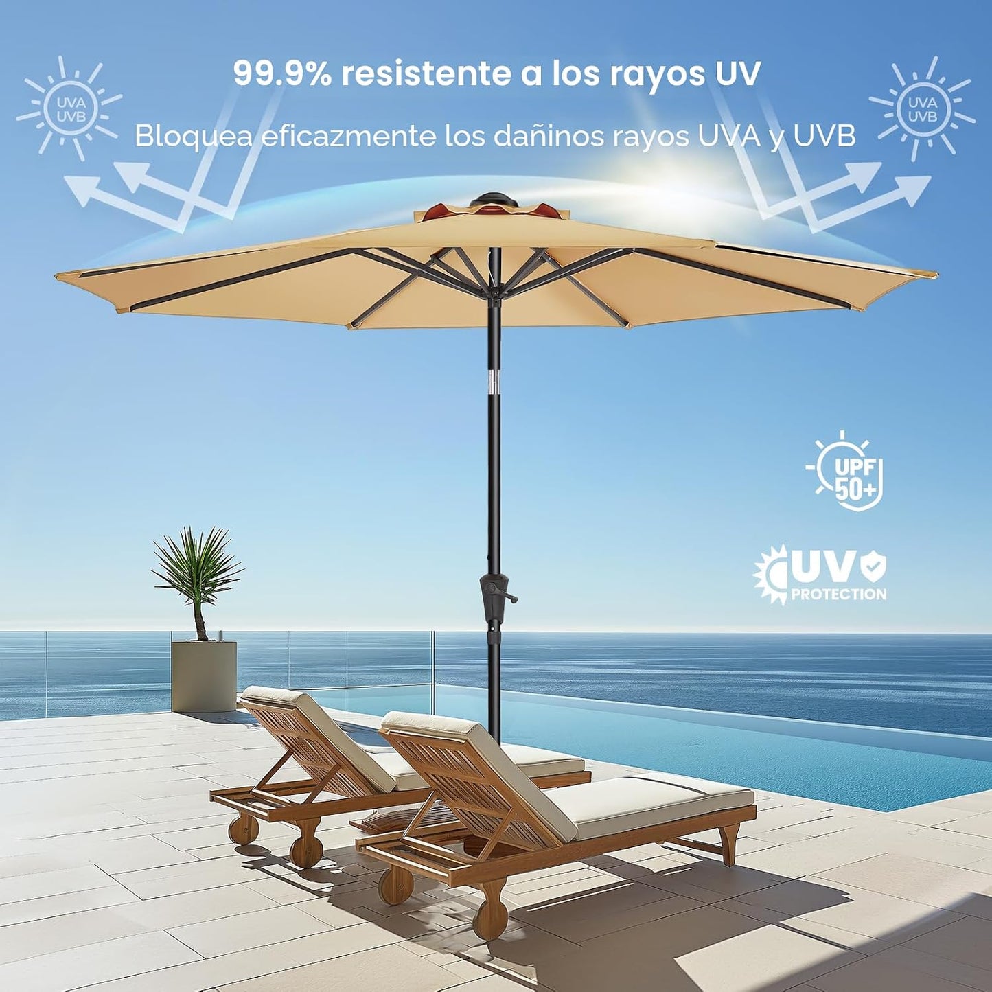 Sombrilla patio 9ft UPF50 8 varillas beige