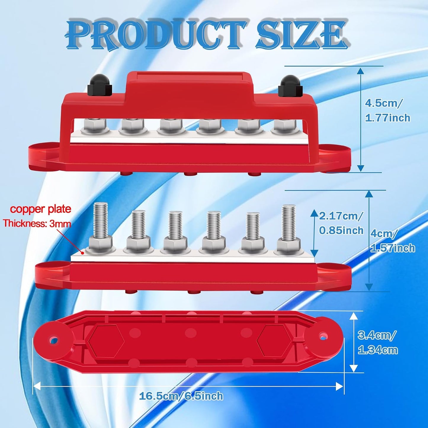 Barra bus 250A 12V automotriz 1/4" terminales 6x1/4"