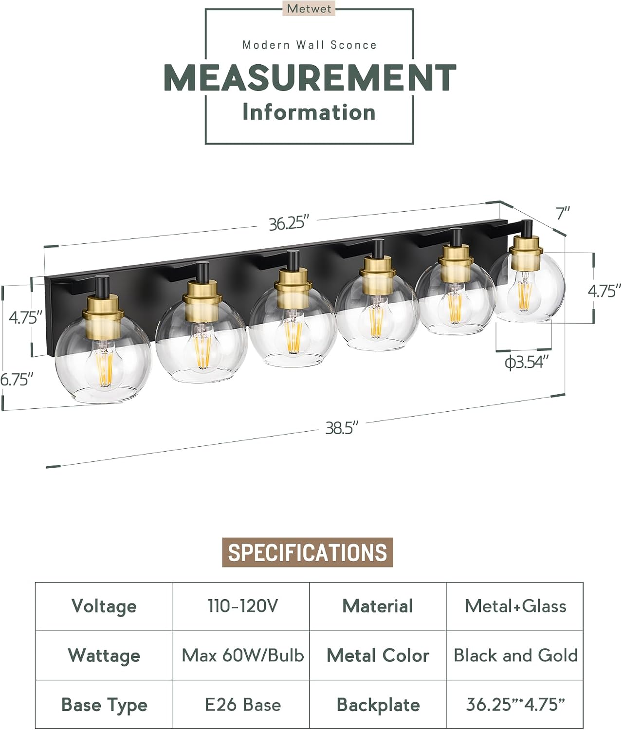 Lámpara baño 6 luces negras y doradas 38pulg apliques