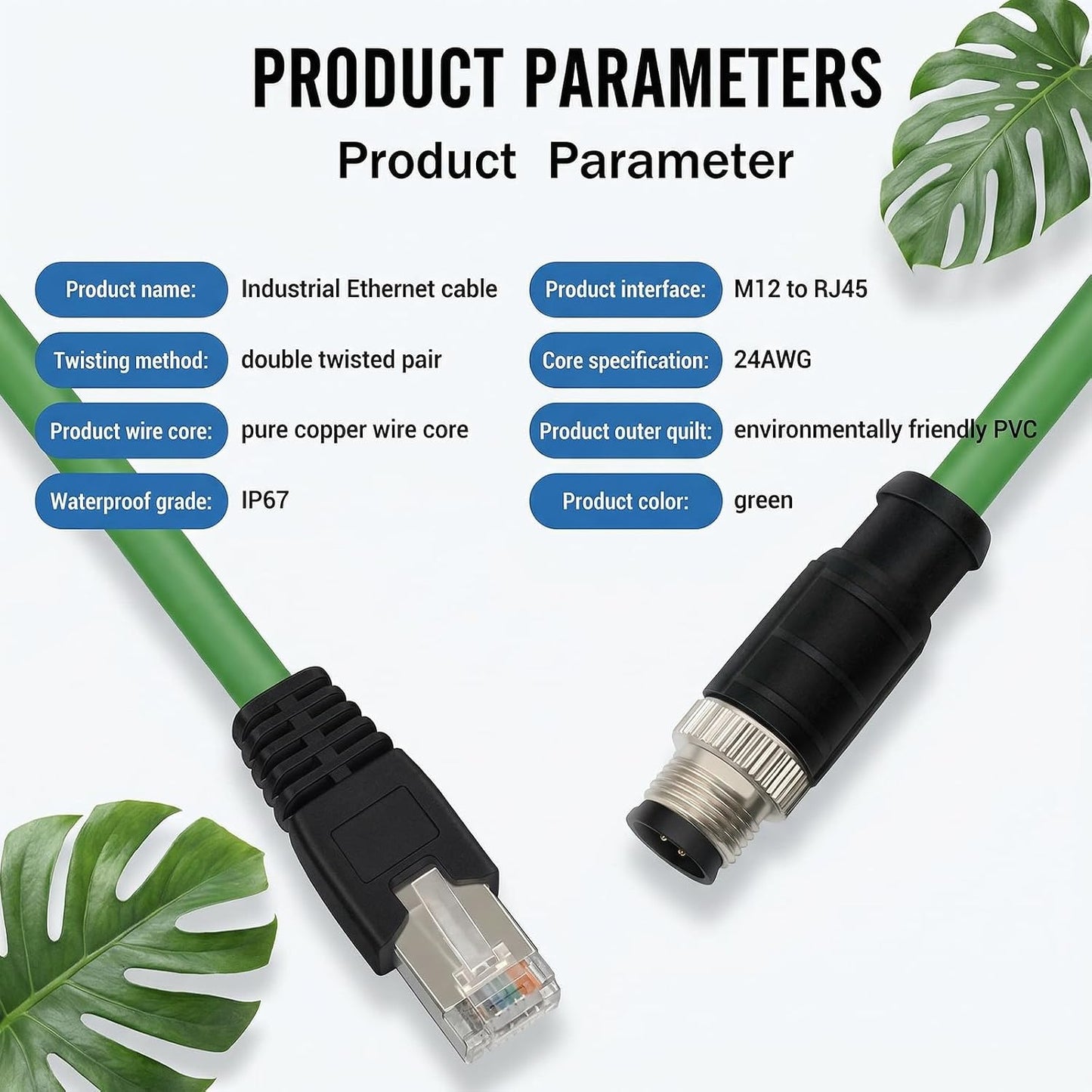 Cable Ethernet Cat5e M12 a RJ45 25m Verde