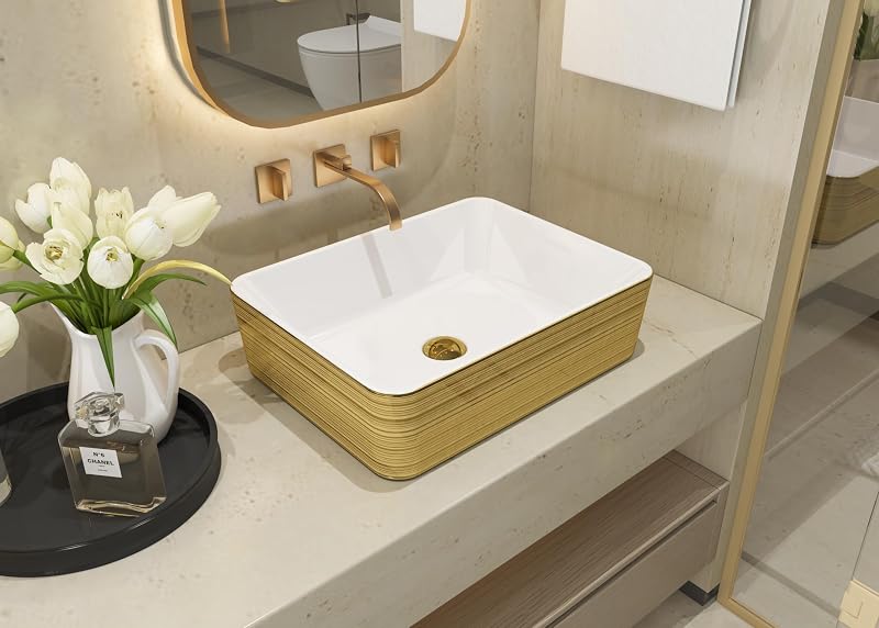 Lavabo rectangular cerámica 19pulg rayas doradas baño