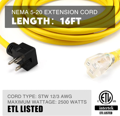Cable extensión NEMA 5-20 16ft 20A con luz ETL
