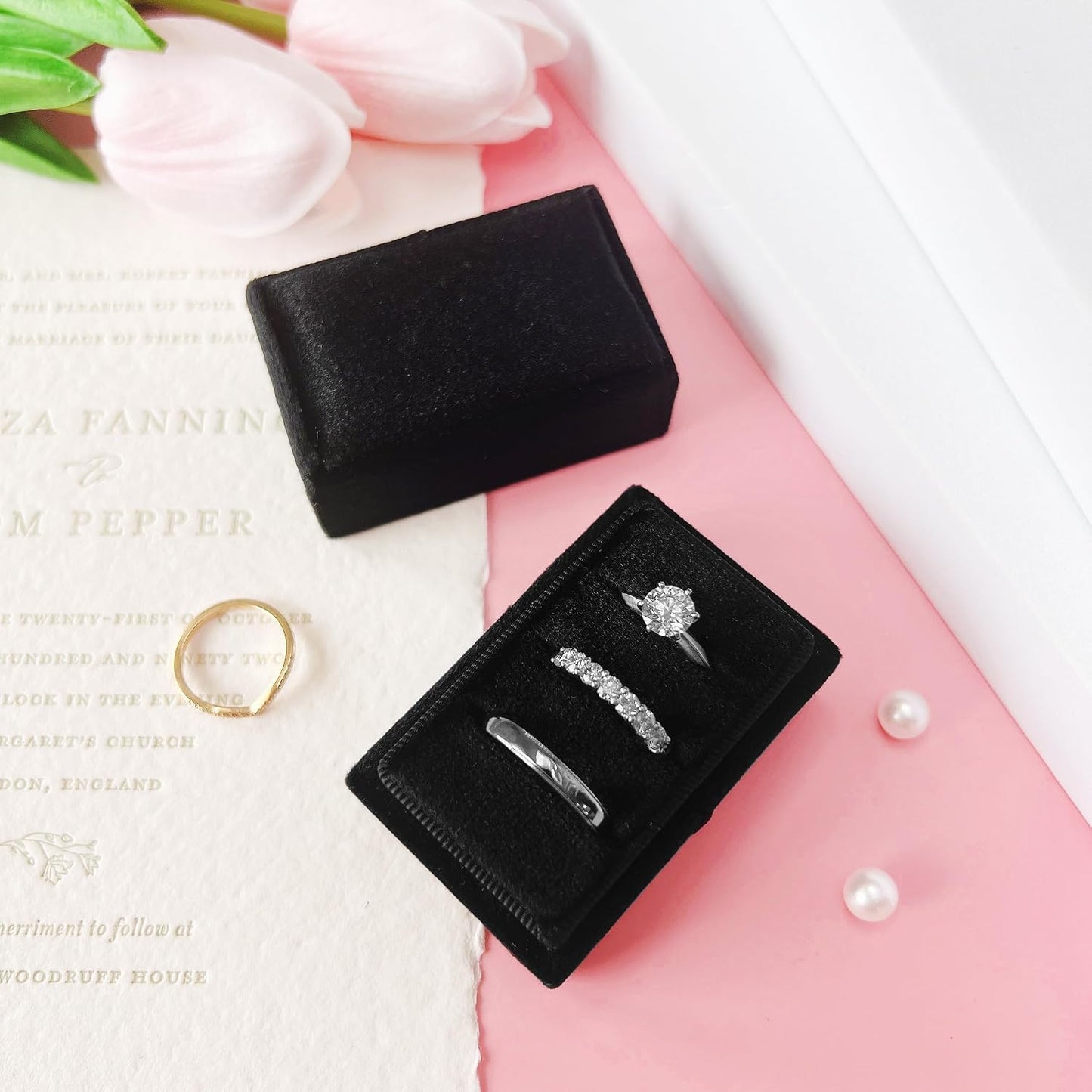 Caja terciopelo italiano para anillos compromiso boda negro