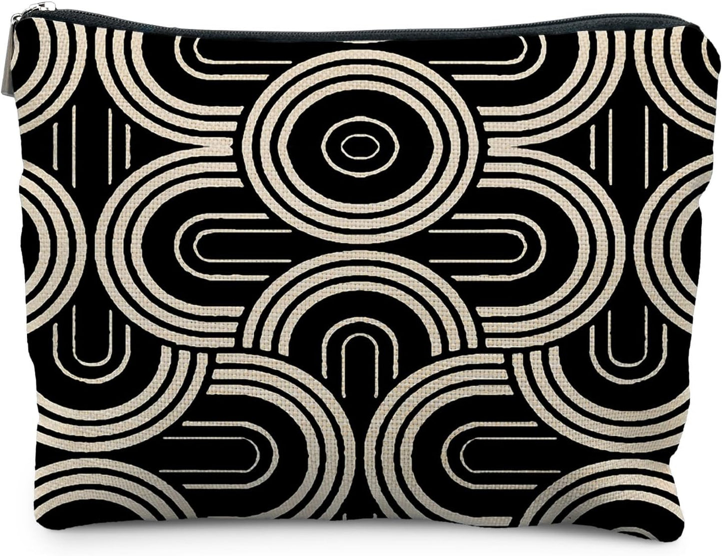Bolsa maquillaje Art Deco beige y negra con cremallera
