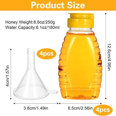 Jarras de miel vacías con embudo plástico transparente dispensador con tapa reversible 4 piezas