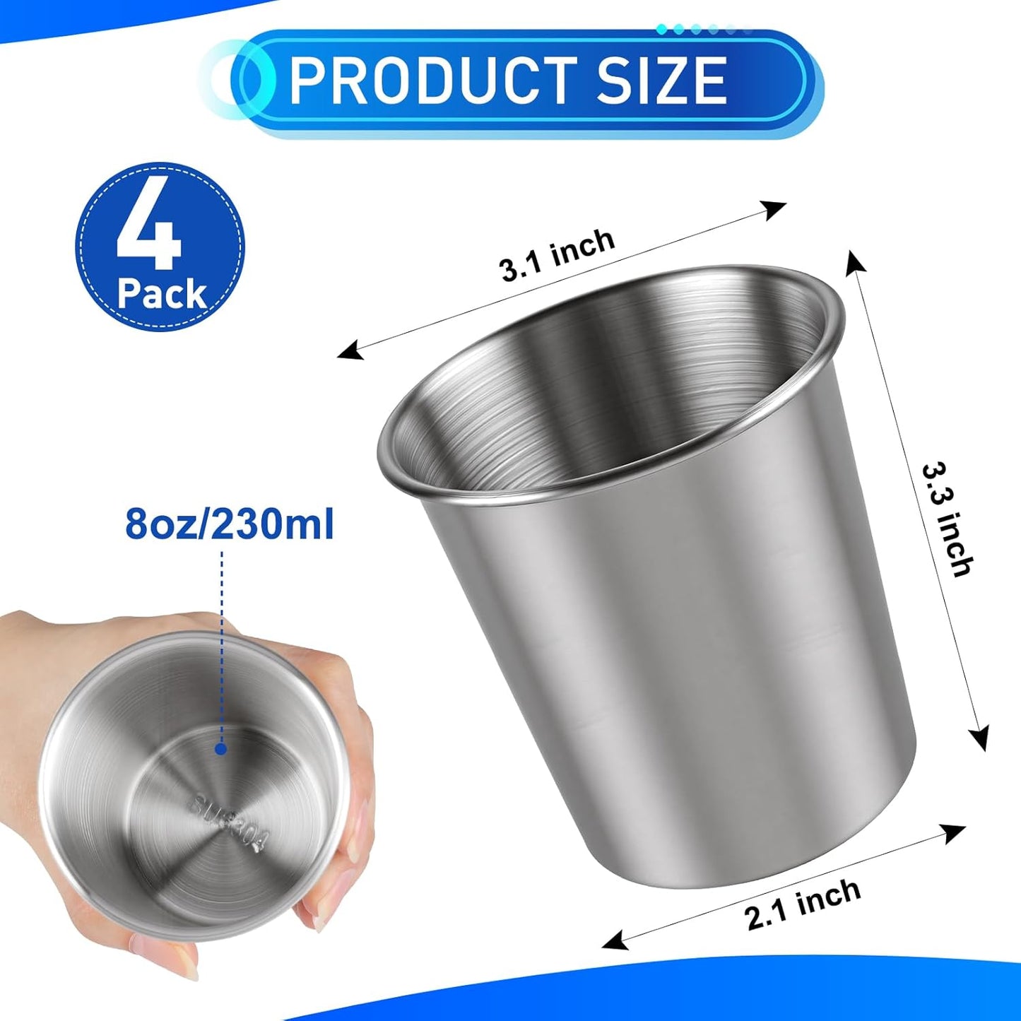 4 Pzas Vasos Acero Inox 8oz Apilables para Niños Bar Hogar