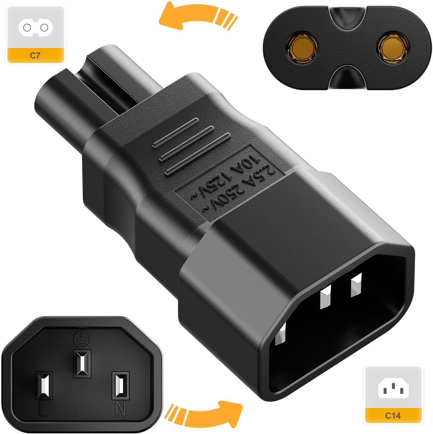 10 Adaptadores CA IEC C14 a C7 PVC 10A 125V Negro
