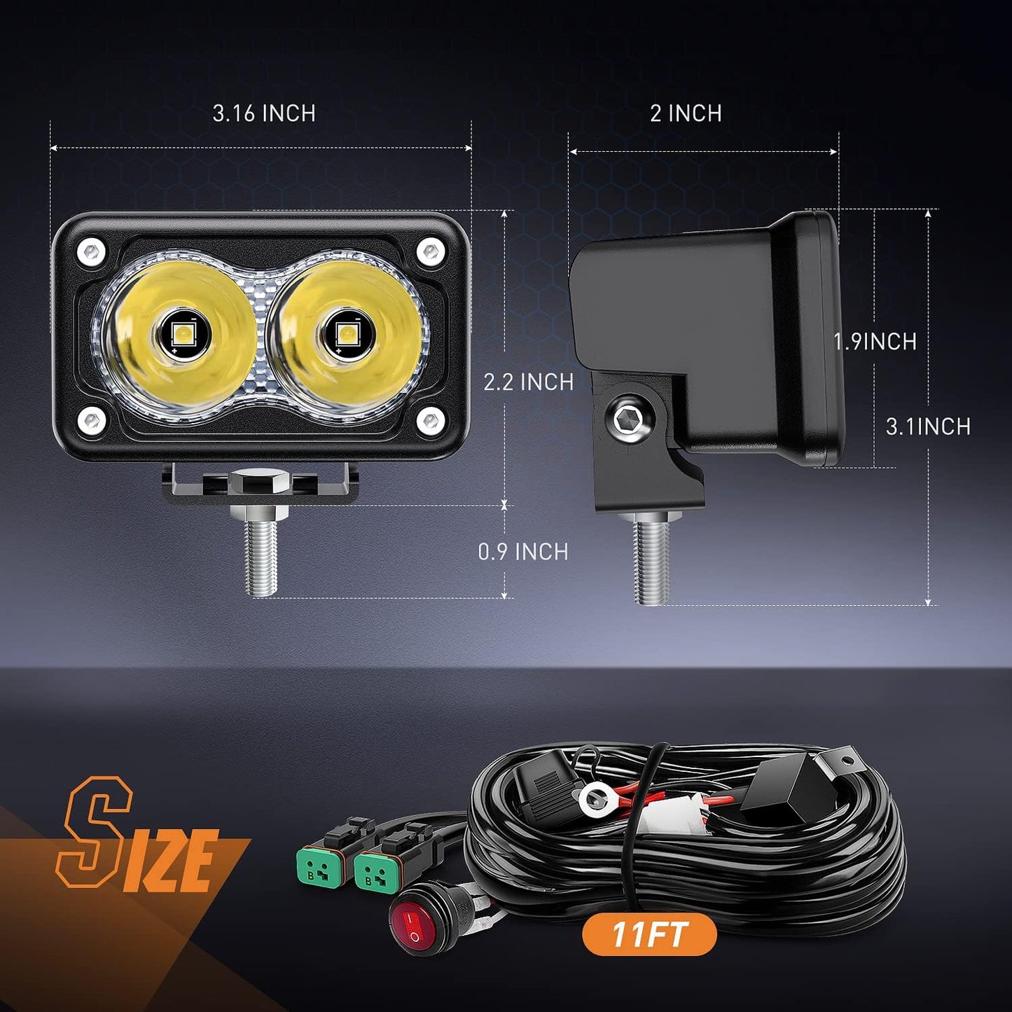 2 Luces LED Motocicleta 7.6cm 1300LM Kit Cable 16AWG