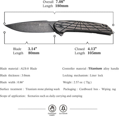 Cuchillo plegable titanio acero AUS-8 EDC uso diario negro