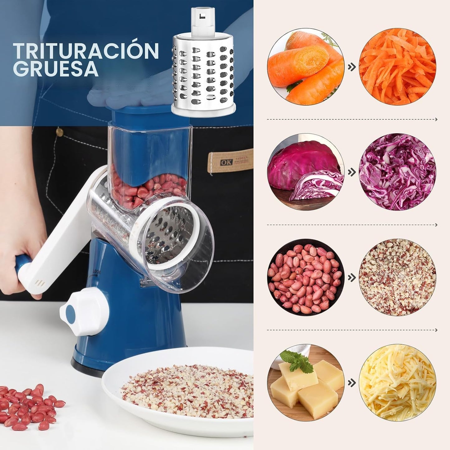 Rallador giratorio de queso con 3 cuchillas antiderrap azul