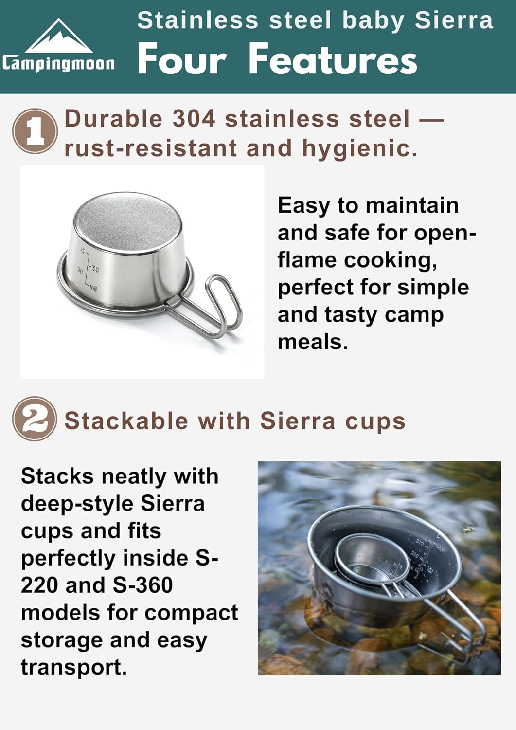 Taza acero inox 2oz con asa para camping plateado set 4