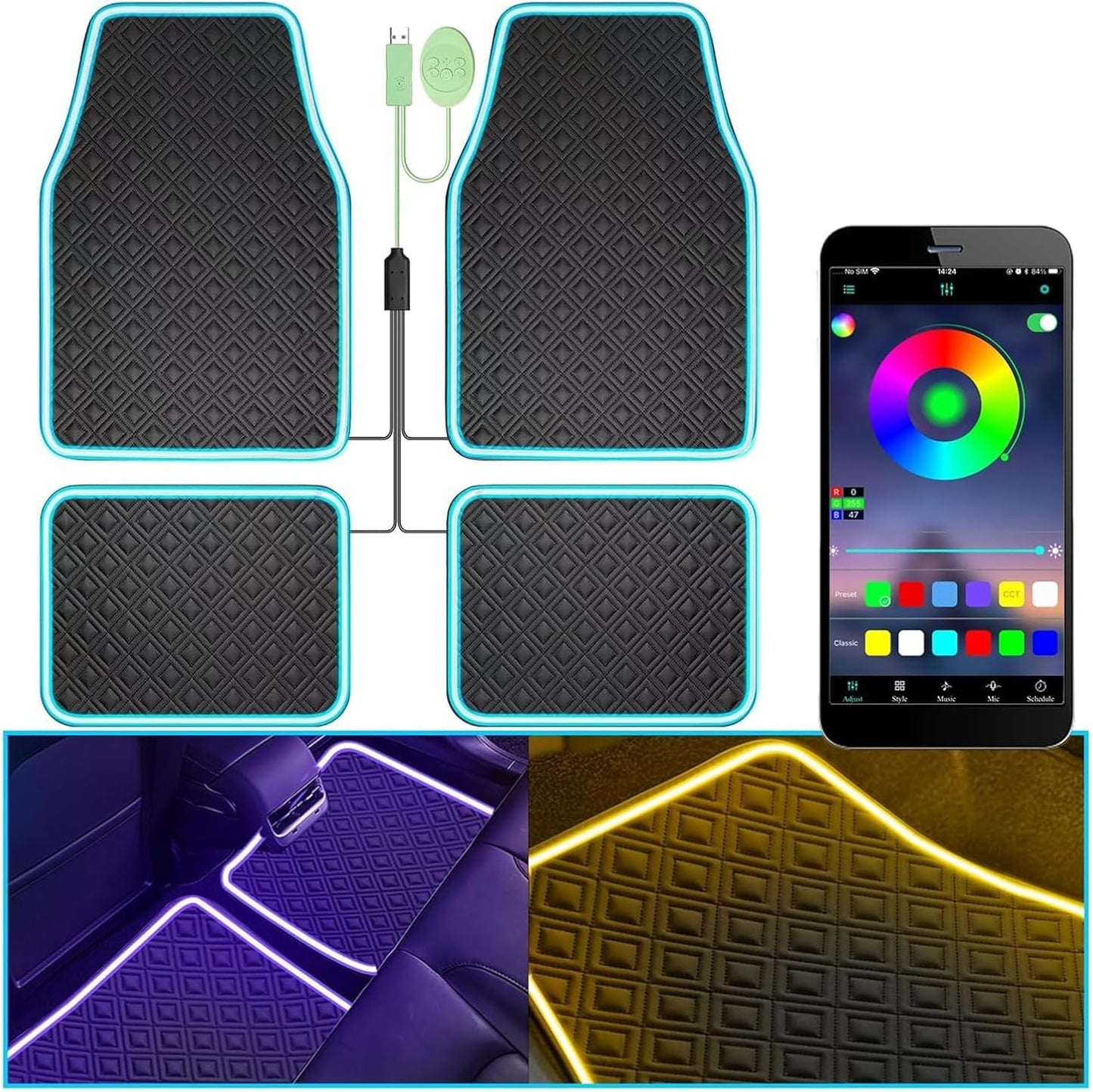 Alfombrillas coche con luz led control app cuero negro