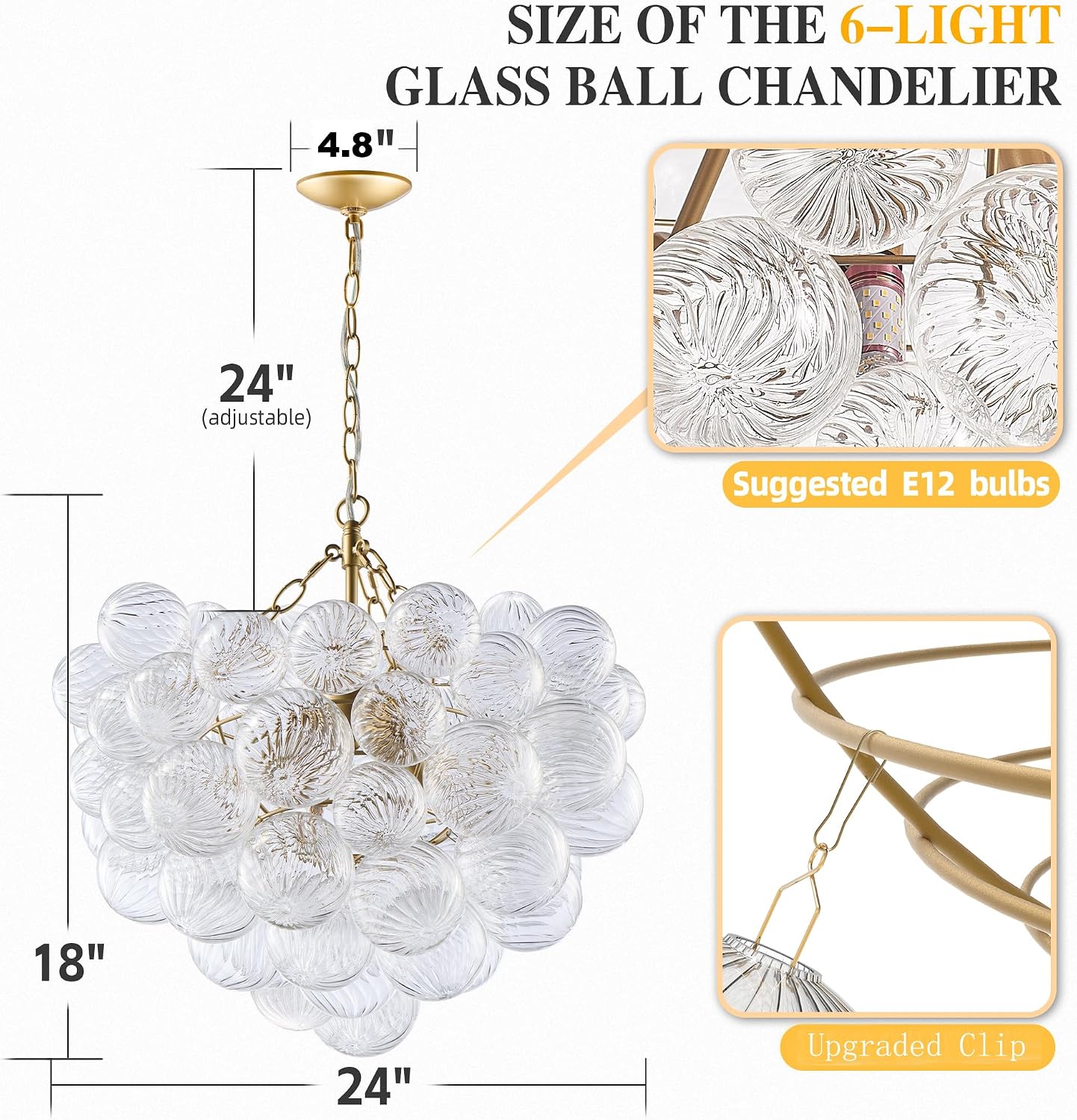 Lámpara colgante de cristal burbuja 24pulg racimo